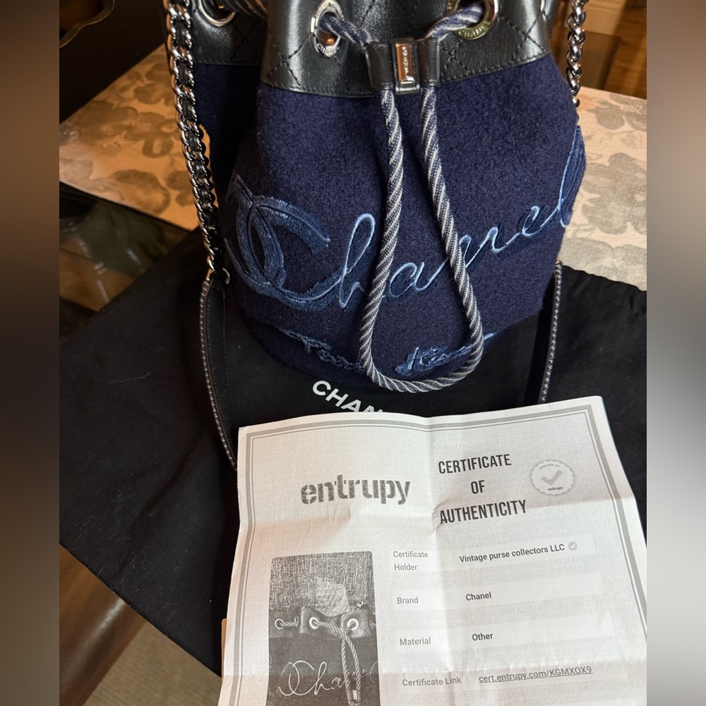 Authentic CHANEL CAMBON Blue Embroidery Matelasse Wool/Leather Bucket-bag-EUC💎 - Picture 14 of 15
